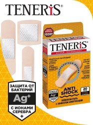 Лейкопластырь бактерицидный Teneris Антишок на полимерной основе с ионами серебра 3 размера (с эффектом амортизации) 20 шт.